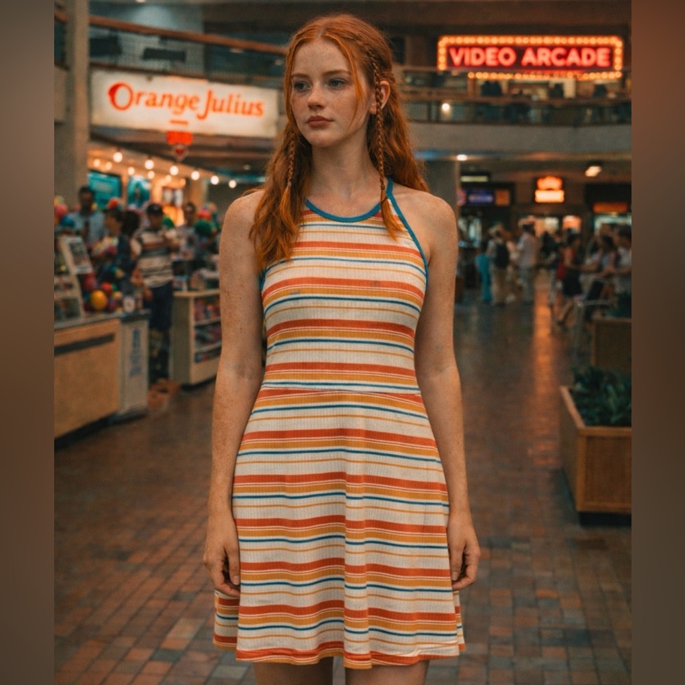 Arizona Striped Halter Dress Size L Orange Blue Retro 80s Y2K Summer